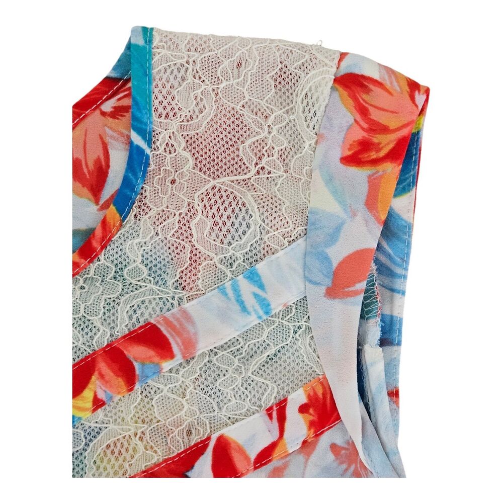 Floral Lace Inset Sleeveless Top Women's Size XS Tropical Print By Candies - Picture 3 of 7